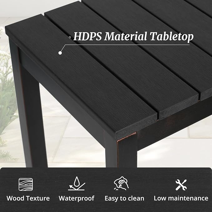 Cozyman Outdoor Bar Table, 38" Patio Bar Height Counter Console Table, Black Waterproof HDPS Slatted Top and Bronze Leg, Weather Resistant, Hot Tub, Balcony, Yard, Indoor or Outdoor Use