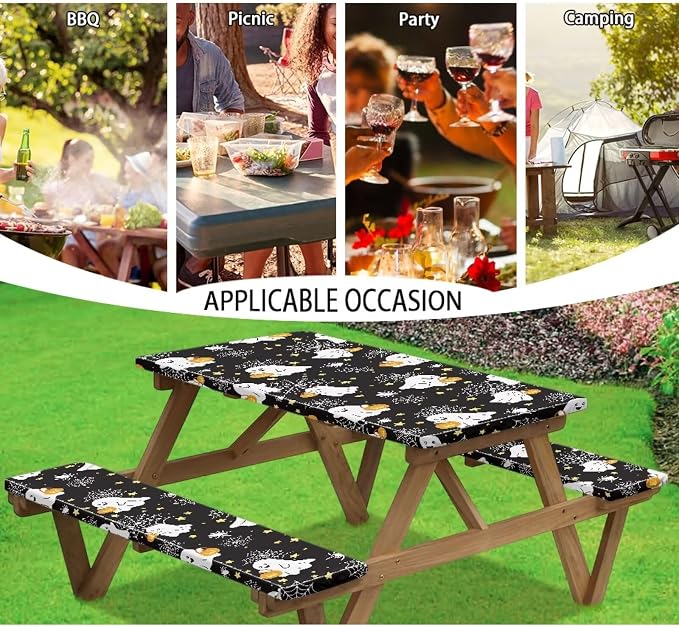 Ghost Table Cover with Bench Covers Washable Rectangle Table Cover Outdoor Patio Camping Essentials Halloween Picnic Table and Chair Decorative Cover
