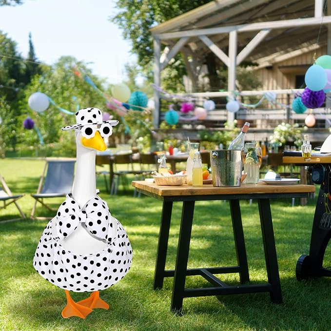 JcHrmers Summer Hawaiian Goose Outfit Porch Goose Bikini Outfits with Hat & Sunglasses Fits 23 Inch Geese Statues for Creative Lawn Yard Garden Beach Pool Party Decor(White Polka Dots)