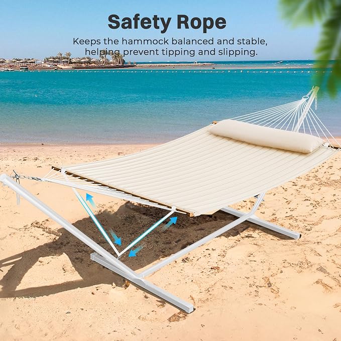 SUPERJARE Hammock with Stand, 2 Person Quilted Outdoor Hammock, Detachable Pillow & Bamboo Spreaders, Portable Hammock with Carrying Bag, Heavy Duty Stand, Perfect for Outside, Patio, Cream Beige