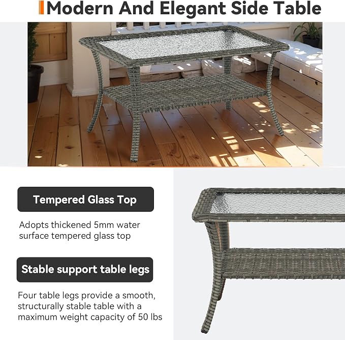 Outdoor Coffee Table - Patio Rattan Wicker Coffee Table with Tempered Glass Top and 2-Tier Storage Outdoor Table for Deck Porch Balcony Garden - Grey