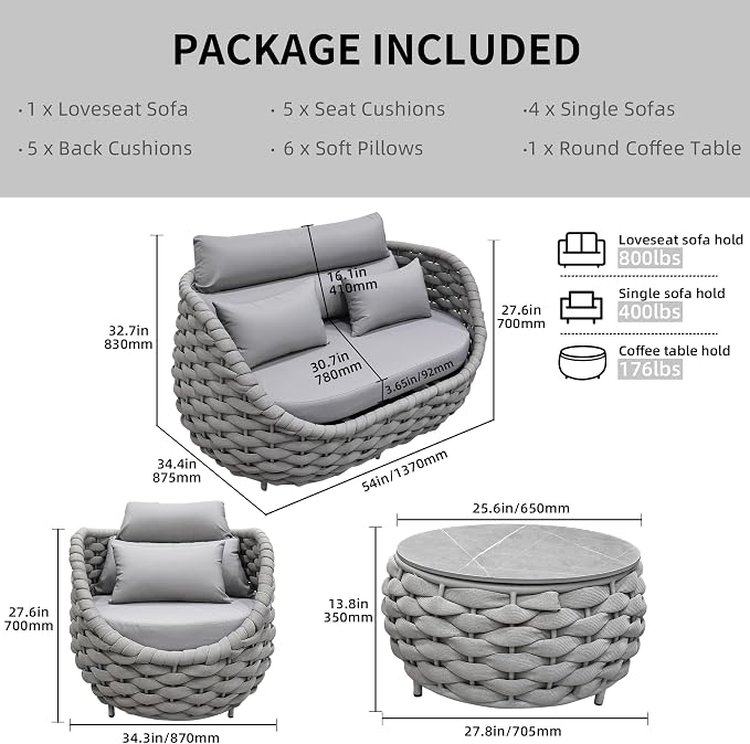 TWT 6-Piece Aluminum Patio Furniture Set, Olefin Rope Modern Outdoor Conversation Set Sectional Sofa with Water Repellent Thick Cushions and Coffee Table for Balcony, Garden, Light Grey