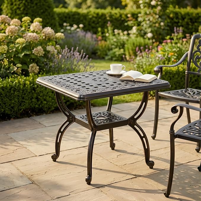 Square Outdoor Coffee Table, Cast Aluminum Side Table with Storage,Indoor End Table, All-Weather Bistro Table for Patio Garden Lawn,Bronze