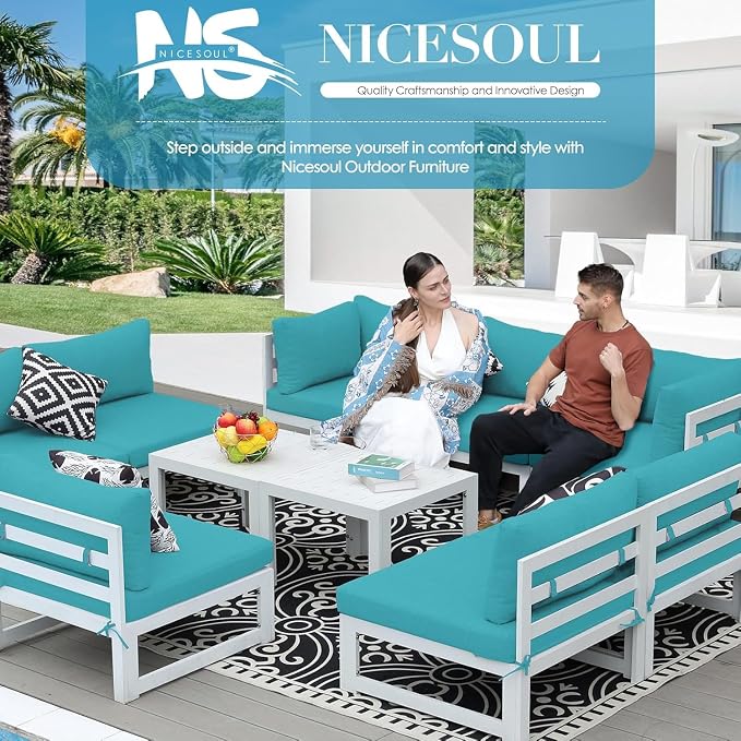 NICESOUL 14 Pcs Large Modern Aluminum Patio Furniture Set, L Shaped All Weather Modular Sectional Sofa with Coffee Table, 500 lbs Heavy Duty Comfortable Outdoor Couch for Poolside Backyard, Teal