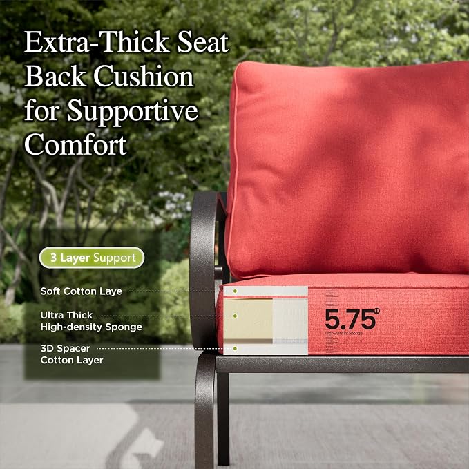 Sophia & William Patio Conversation Set for 7, a Loveseat, 3-Seater Sofa, 2 Swivel Chairs and a Coffee Table, Outdoor Metalio Conversation Set with 5.75" Extra Thick Cushions, Red