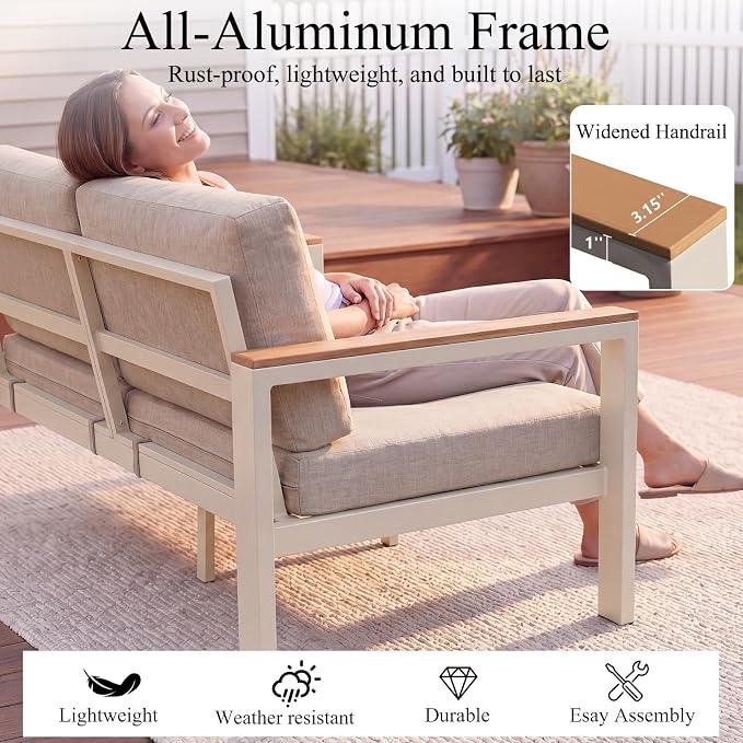 Aluminum Outdoor Loveseat,2-Seat Patio Furniture Loveseat with 1.5mm Thick Powder-Coated Frame, Anti-Hot Armrest & Waterproof Removable Cushions, Weather Resistant Outdoor Sofa for Backyard Porch