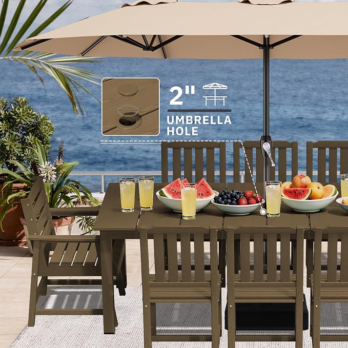 AreShark Outdoor Dining Table,All Weather Rectangular Patio Table for 6,Heavy-Duty HDPE Table with Umbrella Hole and Aluminum Frame,Weatherproof Outdoor Furniture for Backyard, Garden,Brown