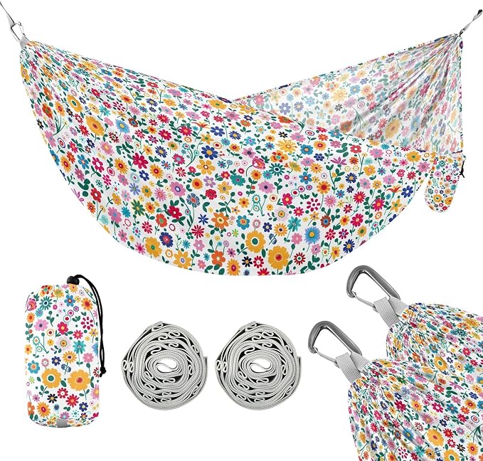 Camping Hammock Outdoor Hammocks for Outside Multicolor Flower Beach Trees Portable Lightweight with Pockets Tree Straps Indoor