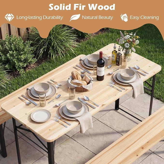 COSTWAY Folding Picnic Table, Foldable Fir Wood Picnic Table with Benches Set for 4 People, Wooden Beer Table Metal Frame for Outdoor BBQ Party, Garden, Backyard