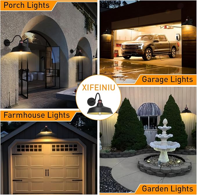 14.5" Dome Gooseneck Barn Light, Outdoor Anti-Rust&Waterproof Farmhouse Wall Sconce, Outdoor Wall Lanterns for Porch/Patio, E26 Base 100W Max(Black 1-Pack Motion Sensor Outdoor Lights)