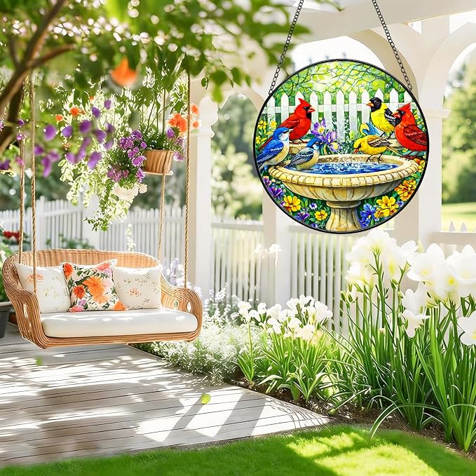 Stained Glass Window Hanging - Colorful Garden Birds Suncatcher for Windows Doors Home Decor, Cardinal Birds Flowers Sun Catcher Gift for Bird Lovers Women Christmas Mother's Day Birthday 7.8 in