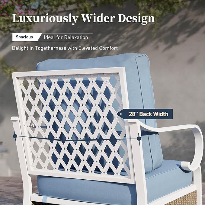 SUNSHINE VALLEY 6 Piece Metal Outdoor Patio Furniture Set, Patio Conversations Set 3-Seater Sofa, 2-Seater Sofa, 2 Rocking Chair with 5.75" Thick Cushion & Coffee Table White Backyard Furniture, Blue