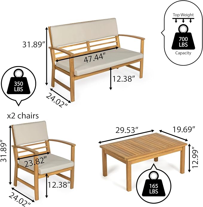 JONATHAN Y Barclay Modern 4-Piece Acacia Wood Outdoor Patio Set, Conversation Seating Group with Removable Cushions and Coffee Table for Backyard, Porch, Garden, Poolside, Teak Brown LVG1000A-4SET