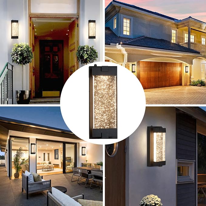 Black Wall Sconce with K9 Crystal Bubble and Dusk to Dawn Sensor, Exterior LED Wall Mounted Light, Modern Porch Lantern, Light Fixture for Indoor and Outdoor