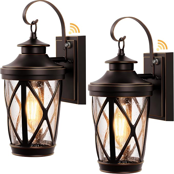 VIANIS 2-Pack Bronze Porch Lights Outdoor with Gold Trim, Dusk to Dawn Exterior Lighting Fixtures, Modern Outdoor Wall Lantern with Drop Shade, Waterproof Exterior Wall Light for Garage, Hallway Patio