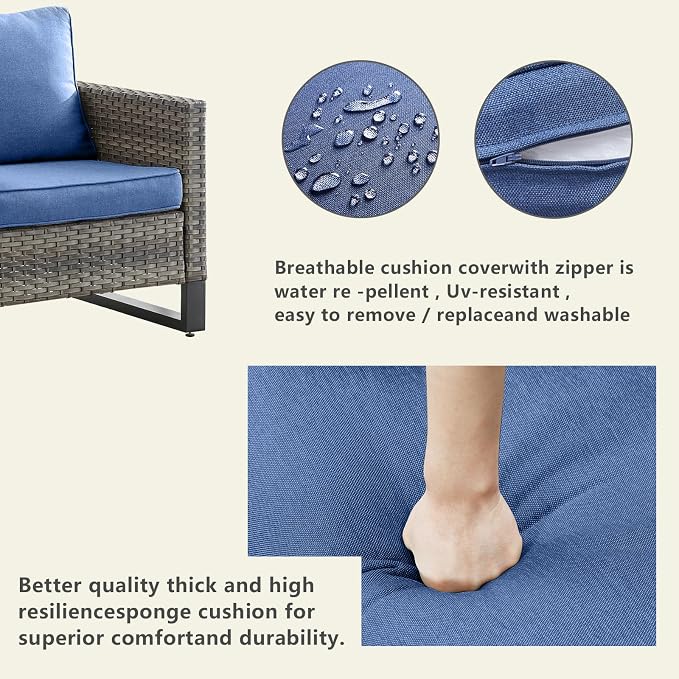 Luxury Wicker Outdoor Patio Furniture Set - 6 Piece Patio Conversation Set with 2 Armrest Chairs,2 Rattan Ottoman,1 Couch and 1 Metal Side Table for Outside Porch Deck Backyard(Mixed Grey/Blue)