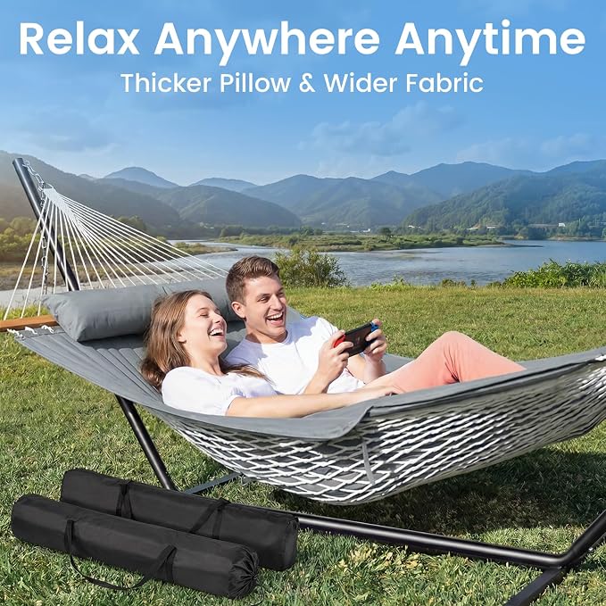 ANAGOO Double Hammock with Stand – Portable Cotton Rope Hammock with Removable Quilted Pad & Pillow, Adjustable Steel Frame for Patio, Backyard, Garden, Park, Camping & Outdoor Relaxation – Gray