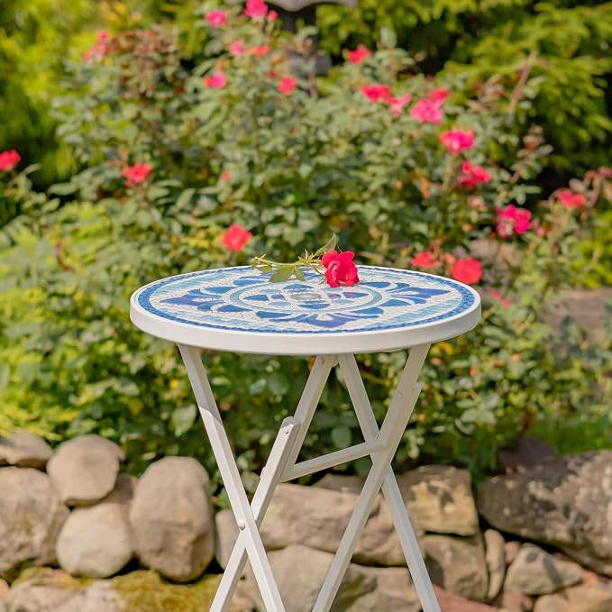 Zaer Ltd. Mosaic Tile Furniture with White Metal Frame and Patterned Tile Tops (Cape May - White/Blue, Folding Accent Table)