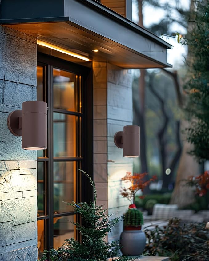 Ken & Ricky Modern Aluminum Outdoor Wall Sconce Lights,Brown Color，2 Pack | Downward Outside Wall Light With Glass Cover,No Glare Exterior Lighting Fixtures,For House Front Porch Garage Patio Entryway