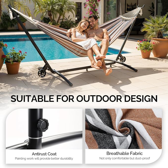 ONCLOUD Heavy Duty 550 LBS Hammock with Stand w/Wheel, Easy to Move, Included with Portable Carrying Bag, Upgraded Hammock with Stand for Outdoors & Indoors (Coffee w/Wheel)
