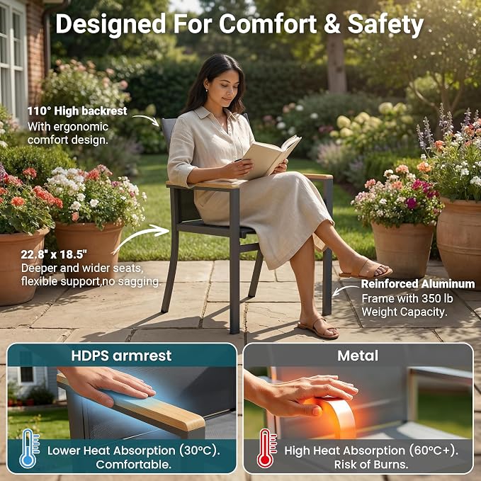 5-Pieces Aluminum Patio Table and Chairs Set, Outdoor Patio Furniture Set with Heavy Duty HDPS Rectangular Table, All-Weather Outdoor Dining Set with Quick-Drying Breathable Textilene Chairs for Porch