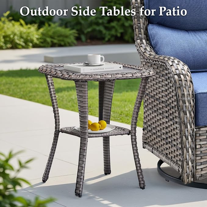 Luxury Outdoor Swivel Rocker Patio Chairs-3 Piece Wicker Patio Rocking Chairs Set of 2 with Glass Side Table 6" Thick Cushions High Back Outdoor Furniture Sets for Deck Porch Balcony(Grey/Blue)