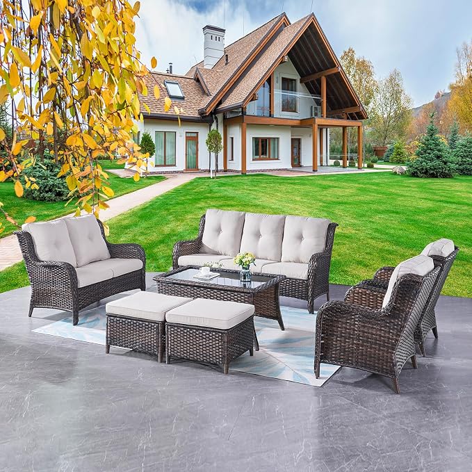 Outdoor Patio Furniture Sofa Set - 7 Piece Rattan Wicker Patio Sectional Conversation Sets with 1 Sofa,1 Loveseat,1 Coffee Table,2 Armrest Chairs and 2 Ottomans for Porch Deck Garden(Brown/Beige)