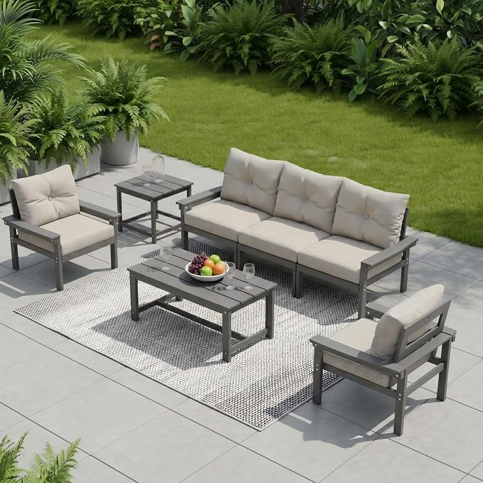 HDPE 4 Piece Patio Furniture Set, All-Weather Outdoor Couch with Thick Cushions & Coffee Table & Side Table, Patio Conversation Sets for Lawn, Garden, Porch, Balcony, Deck, Poolside,Grey Beige