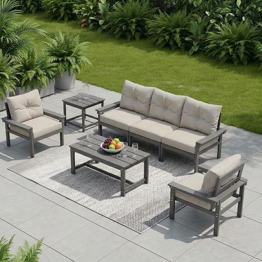 HDPE 4 Piece Patio Furniture Set, All-Weather Outdoor Couch with Thick Cushions & Coffee Table & Side Table, Patio Conversation Sets for Lawn, Garden, Porch, Balcony, Deck, Poolside,Grey Beige