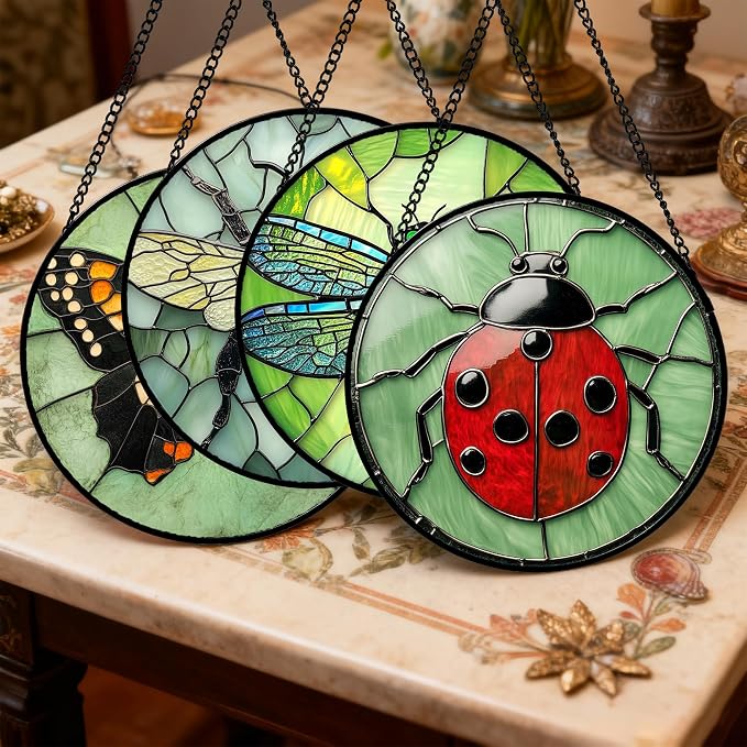 Stained Glass Window Hanging 4 Pcs Set Butterfly Dragonfly Bee Ladybug 6.3" - Suncatcher Door Garden Sun Catcher Decor Birthday Mother's Day for Mom Woman Nana Men