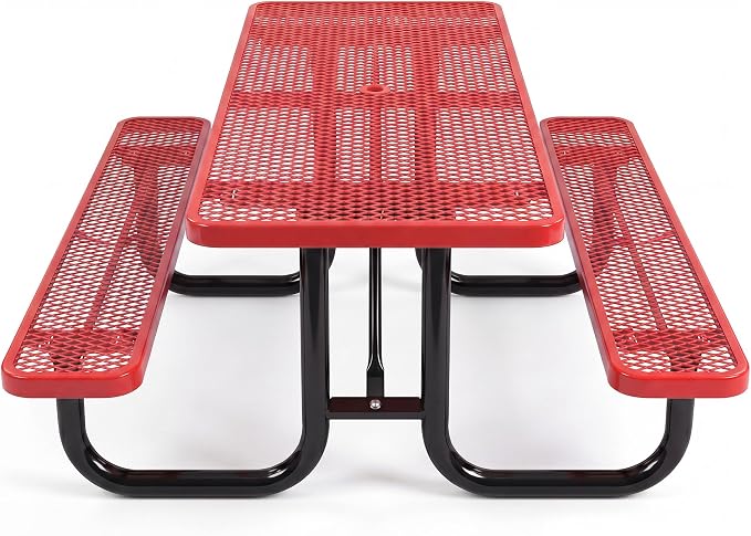 72" Rectangular Metal Picnic Table for 4-8 Person, Durable Heavy Duty Commercial Picnic Table with Umbrella Hole for Outdoor Coffee Shop, School, Hospital, Easy to Install, Red
