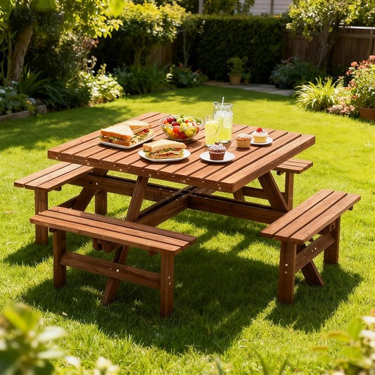 Wood Picnic Table Bench Set for 4-8 Person, Square Picnic Tables for Outdoor with Umbrella Hole and Benches, Outside Dining Table Patio Furniture Set for Garden, Backyard, Porch and Deck