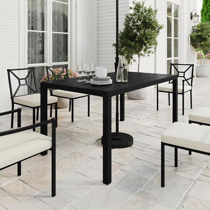 Martha Stewart Lily Pond 60" All-Weather Patio Table with Slatted Tabletop, Umbrella Hole, and Steel Frame in Black