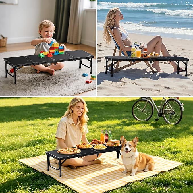 Anbte 4ft Low Folding Picnic Table, Thicker Aluminum Small Camping Table with Storage Bag, Portable Handle, Lightweight, for Camping Beach Party Picnic Floor, 45.67" x 15.7" x 10.3", Black