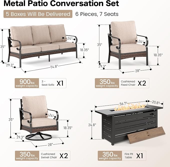 SUNSHINE VALLEY 6 Piece Metal Outdoor Patio Furniture Sets with Firepit Table, Patio Conversation Sets 1 3-Seater Sofa, 2 Leg Chair and 2 Swivel Chair with 5.75" Cushion for Backyard Deck, Beige