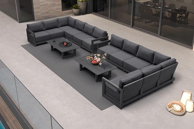 PURPLE LEAF Patio Furniture Set L-Shaped Outdoor Couch with 9.6" Thick Cushion and Soft Pillows 14 Piece Outdoor Sectional Sofas with Table Modern Patio Conversation Sets for Yard Porch Deck, Grey