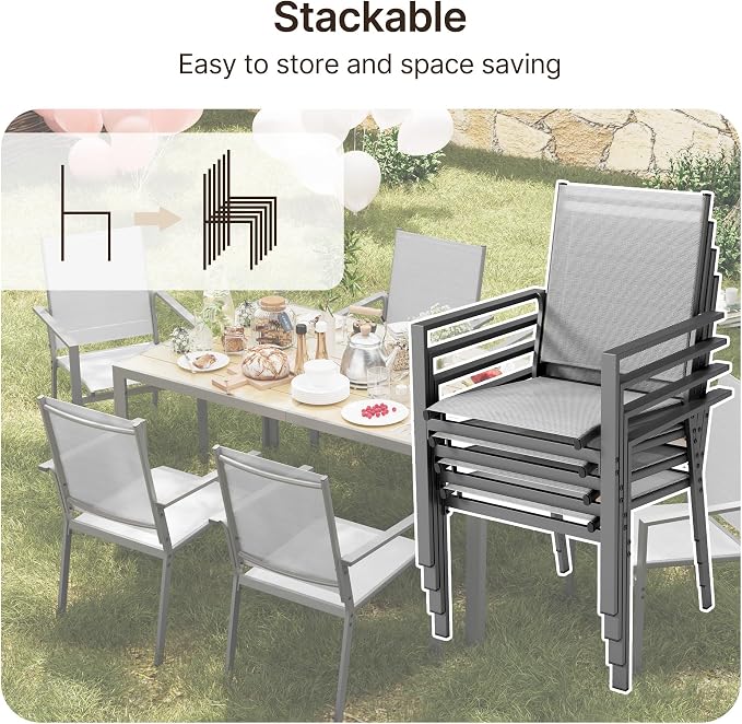 Ahomly Patio Table and Chairs Set for 6, Outdoor Dining Set Includes 59.5" Rectangle Patio Table with Side Umbrella Hole and 6 Textilene Fabric Patio Chairs for Courtyard, Backyard, Pool, Grey&Brown