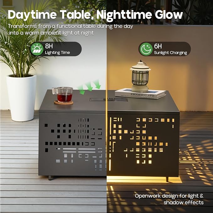 27" Outdoor Coffee Table with Solar Ambient Light & Umbrella Hole, All-Weather Rust-Resistant Metal Patio Table for Backyard Gatherings, Poolside, Small Balconies & Outdoor Living Spaces, Dark Grey