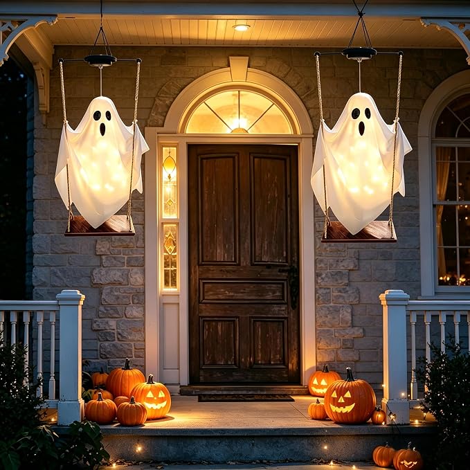Halloween Decorations Outdoor Solar Hanging Swing Ghost Halloween Decor with String Lights, 2 Pack Scary Party Gifts Decor, Spooky Ghost on Swing Decorations for Yard Garden Porch Haunted House Tree