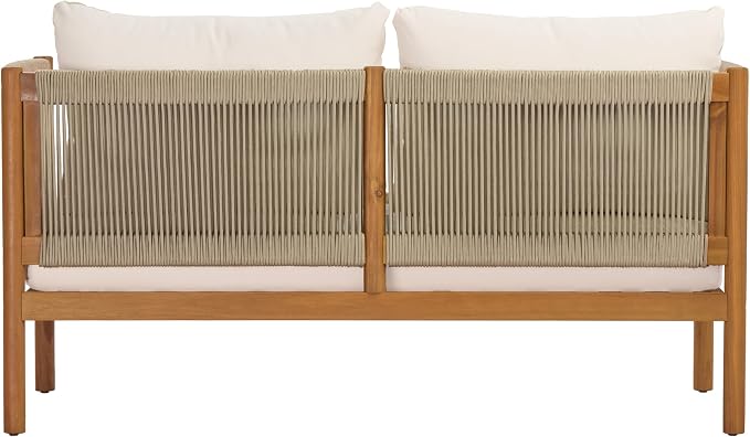 Merax 4-Piece Outdoor Sofa Set with Acacia Wood Frame in Teak Look, Beige Rope Panels & Cream Cushions, Patio Conversation Set with 2 Club Chairs, Loveseat & Coffee Table for Patio & Garden