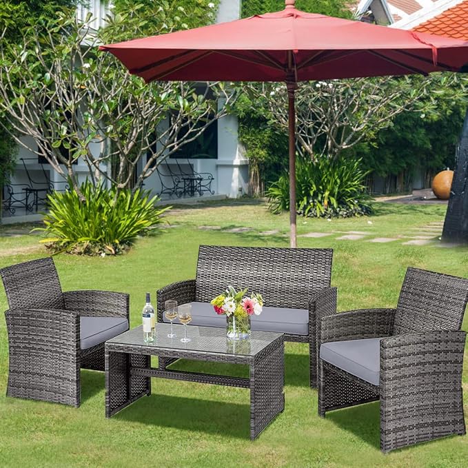 Outdoor Conversation Set, 8 Pieces Wicker Patio Furniture Set with Ergonomic Curved Design, Patio Chair Set with Water-Resistant Cushion & Tempered Glass Table for Backyard, Porch(Gray)