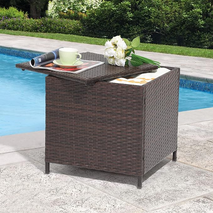 Verano Garden Outdoor Wicker Side Table, Small Storage Rattan Wicker End Table, Square Resin Coffee Table for Garden Porch Deck Living Room Backyard (Brown)