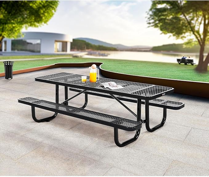 Global Industrial 8’L Rectangular Picnic Table, Expanded Metal, Black Thermoplastic Coating, Attached Benches, 1-1/2” Umbrella Pole Hole, Outdoor-Rated, 1000 lb Capacity, 96” x 30” Tabletop