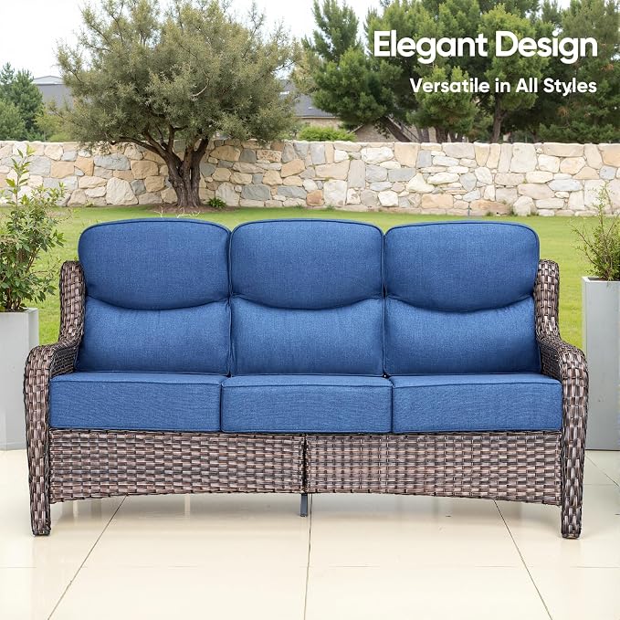 Swivel Patio Chairs sofa Set of 7 with 6" Thick Cushion - Wicker Outdoor Swivel Rocker Patio Chair ,Sofa/Glass coffee table, High Back Comfortable Outdoor Glider Chairs - Brown Wicker Blue Cushion