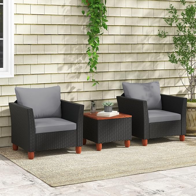 ORALNER 3 Pieces Patio Furniture Set, Outdoor Wicker Conversation Chairs with Cushion, Acacia Coffee Table, Rattan Bistro Set for Balcony Garden Backyard Front Porch Poolside (Grey)