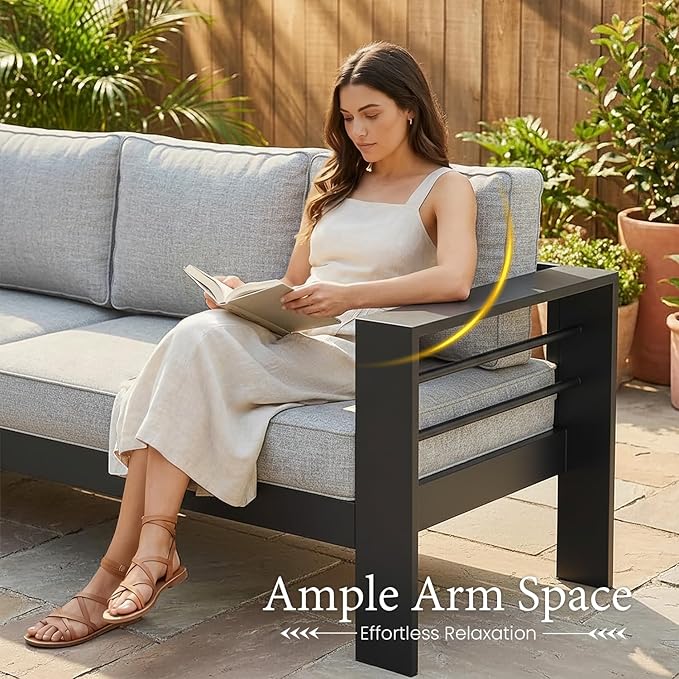 LayinSun Outdoor Aluminum Furniture Set, 4 Pieces Patio Sectional Conversation Chat Sofa Modern Seating Set with Coffee Table
