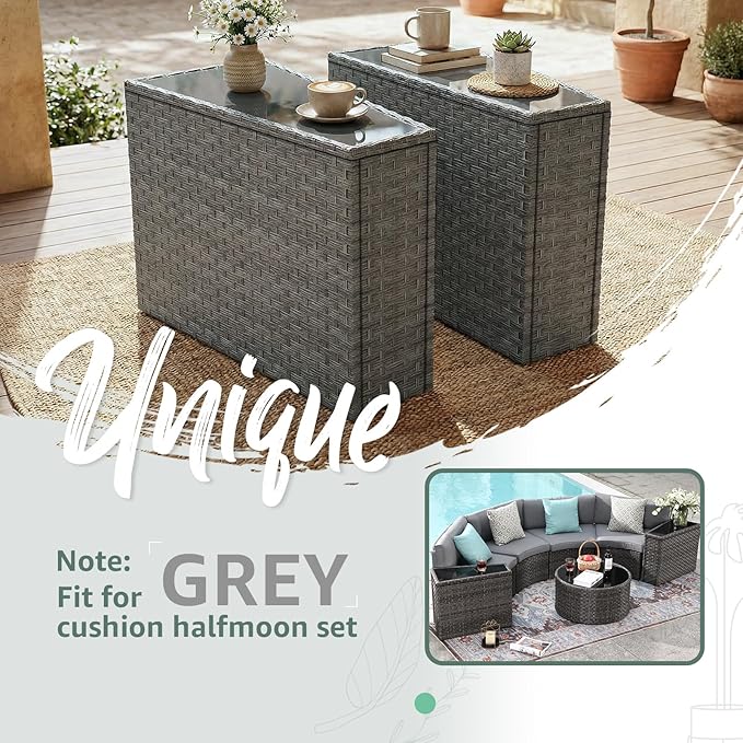 SUNSITT Rattan PE Resin Wicker Patio Side Table 2-Pack Sofa Wedge End Table with Tempered Glass Top, Grey