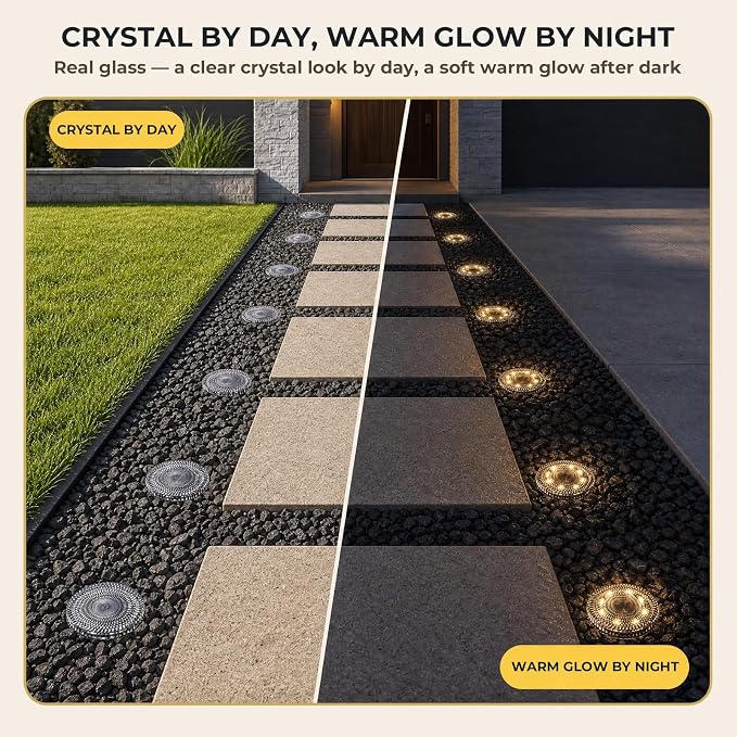 Real Glass Solar Ground Lights, Stake or Wall Mount 2-in-1, 2 Pack | Warm White Disc Lights, Waterproof IP65 Deck Light, Step Fence Garden Lamp, Auto Dusk to Dawn for Driveway Patio Yard