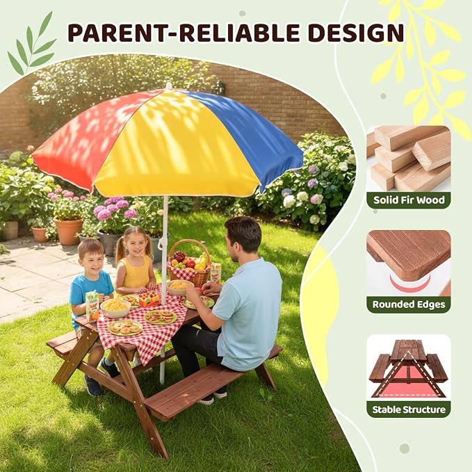 JOYMOR 4-in-1 Kids Picnic Table w/2 Sensory Bins, Cedar Wooden Sand & Water Table with Height Adjustable Umbrella, Wooden Kids Outdoor Picnic Tables for Garden, Backyard, Patio Furniture(Walnut)