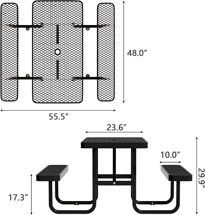 Picnic Tables for Outdoors,Commercial Metal Picnic Table Bench Set with Umbrella Hole,School Canteen Tables W/Seats - Heavy Duty Sturdy Picnic Tables Furniture for Patio Garden (Black, 4FT)
